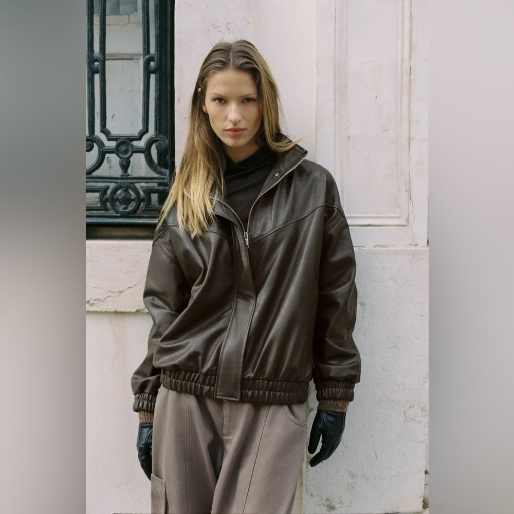 ZARA FAUX LEATHER HIGH COLLAR BOMBER JACKET - Picture 11 of 14
